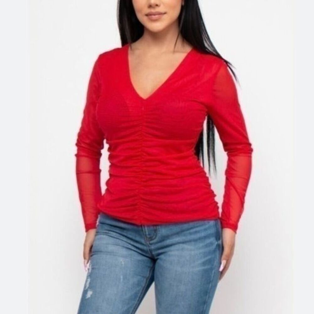 INC Women's M NWT Red V Neck Ruched Long Sleeve Top